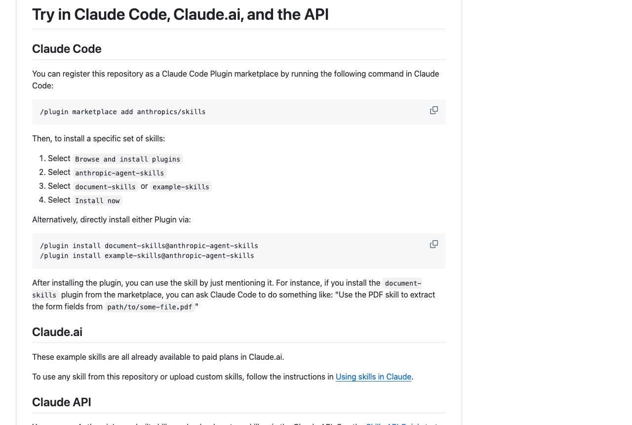 The anthropics/skills README section on Claude Code, showing the marketplace command and /plugin install document-skills@anthropic-agent-skills.
