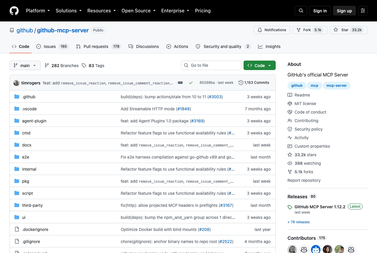 The github/github-mcp-server repository on GitHub, described in its About box as GitHub's official MCP Server.
