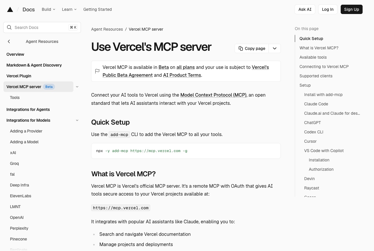 Vercel docs page Use Vercel's MCP server, showing the Beta notice, the npx add-mcp quick setup command and the server address mcp.vercel.com.