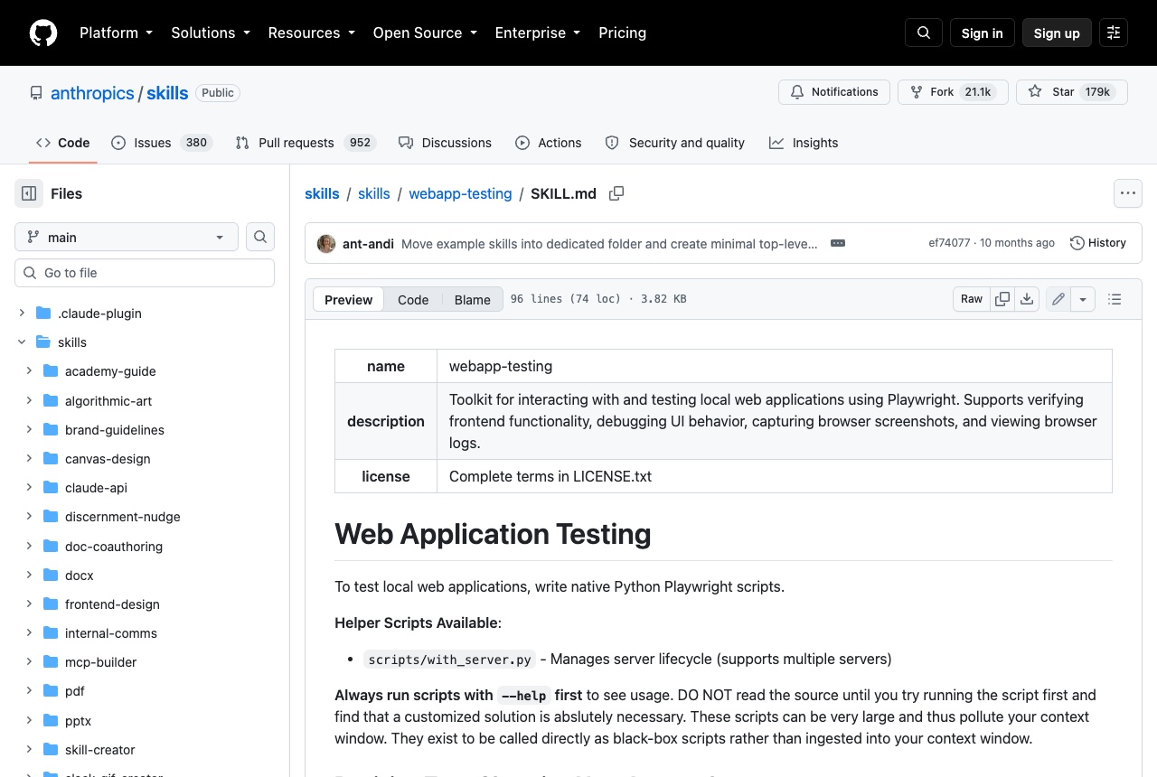The webapp-testing SKILL.md on GitHub, describing a toolkit for testing local web applications with Playwright and its with_server.py helper.