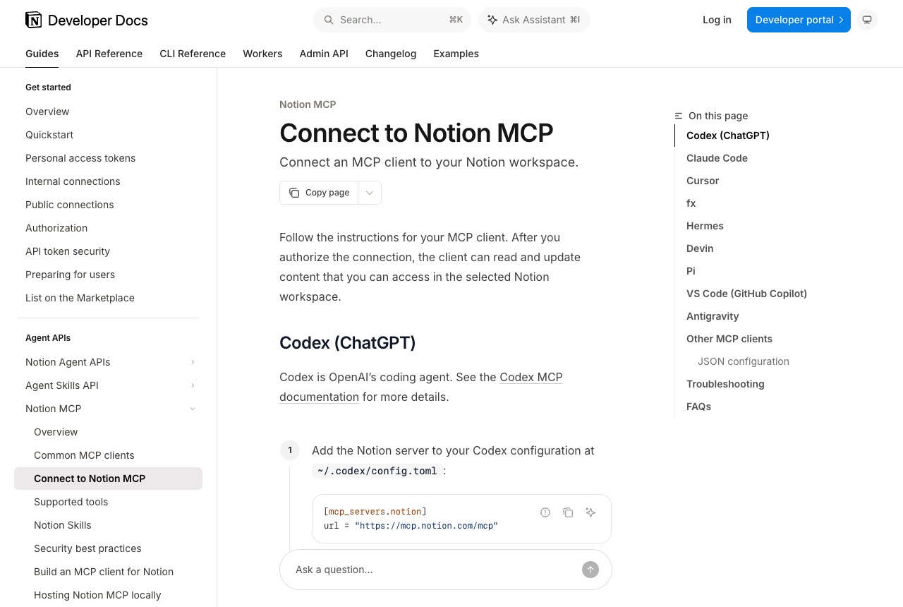 Notion developer docs page Connect to Notion MCP, with the Codex configuration pointing at mcp.notion.com/mcp.
