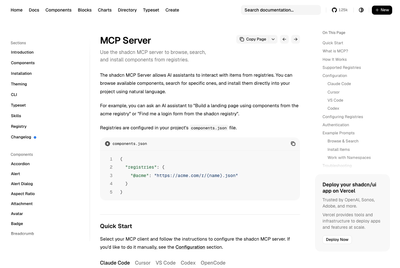 The shadcn/ui docs page MCP Server, explaining that it browses, searches and installs components from registries configured in components.json.