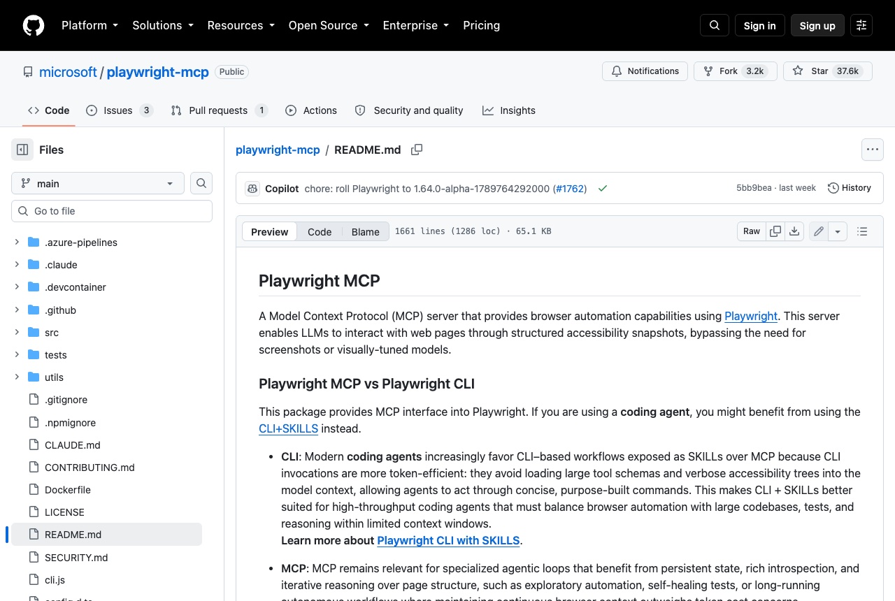 The Playwright MCP README on GitHub, opening with its one-line description and the section comparing Playwright MCP with Playwright CLI.
