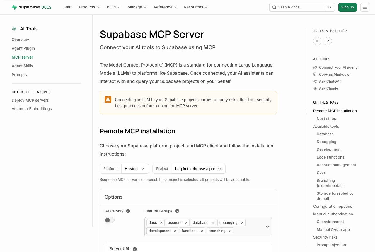 Supabase docs page titled Supabase MCP Server, with its security warning and the remote installation options for read-only mode and feature groups.