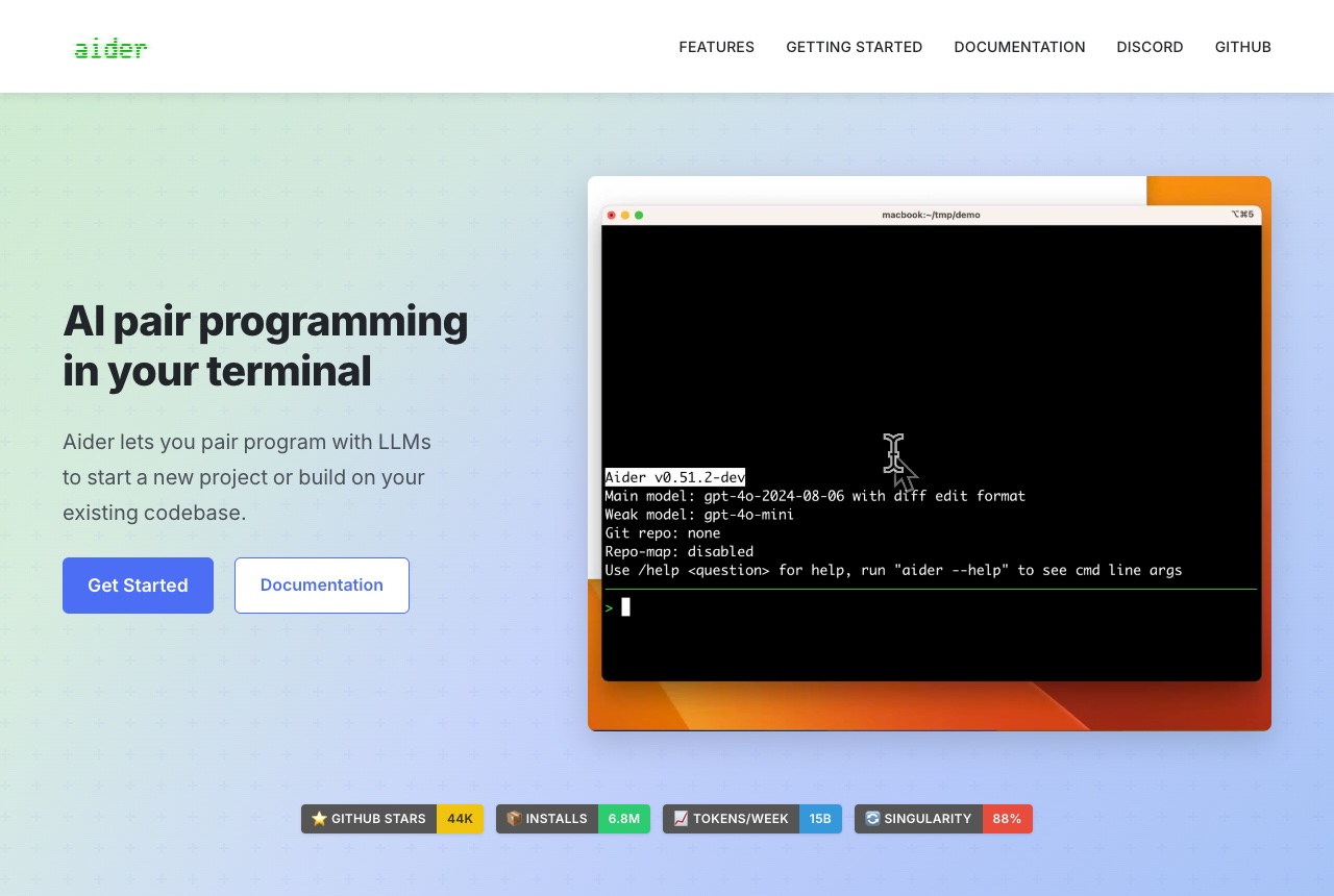 The aider.chat home page, headed AI pair programming in your terminal, beside a terminal window showing an aider session.