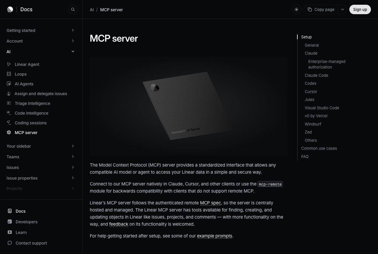 Linear docs page titled MCP server, explaining that the server can find, create and update issues, projects and comments.