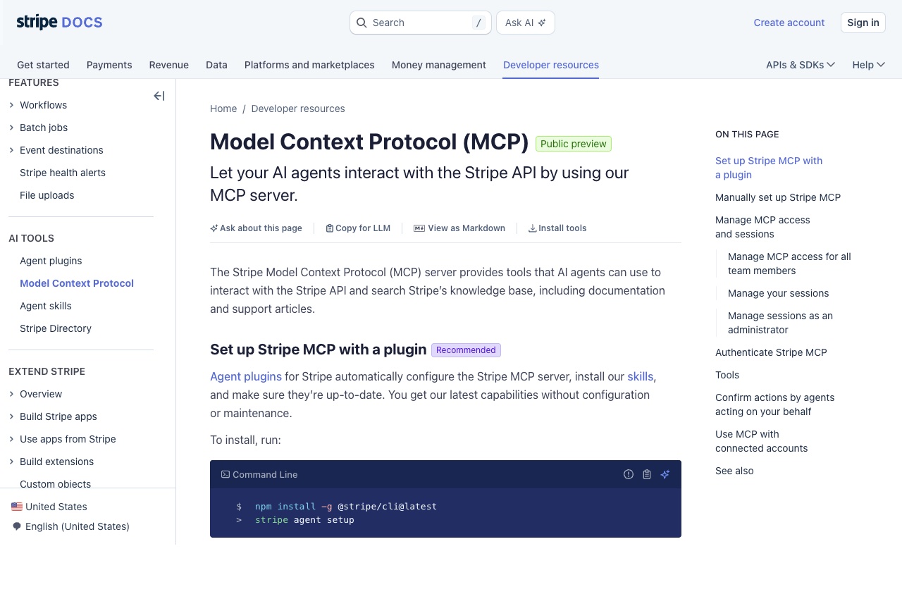 Stripe docs page Model Context Protocol (MCP), marked Public preview, with the stripe agent setup install command.