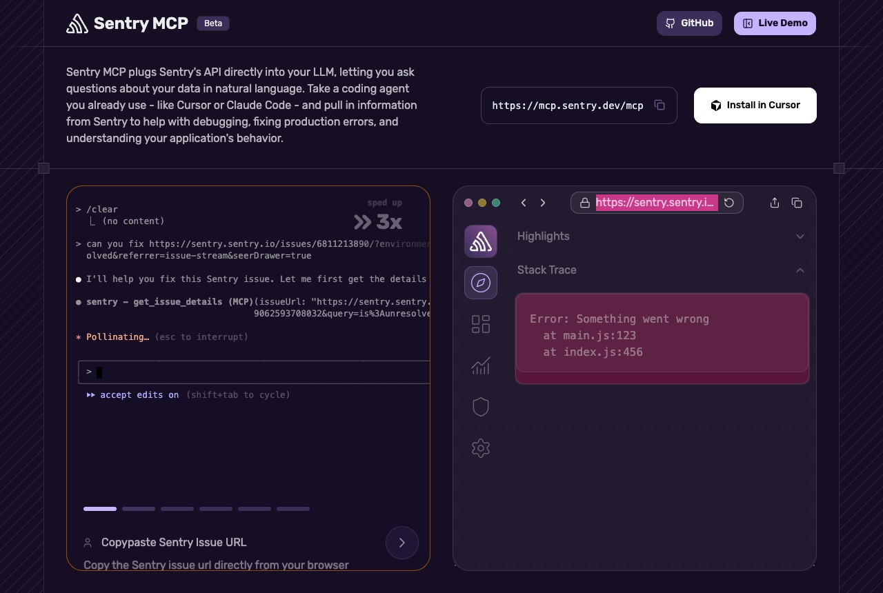 The Sentry MCP page, marked Beta, showing the server address mcp.sentry.dev/mcp beside a Claude Code session fetching a Sentry issue.