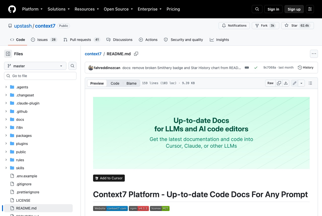 The Context7 README on GitHub, headed Up-to-date Docs for LLMs and AI code editors, above the title Context7 Platform.