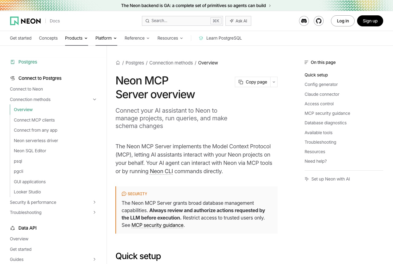 Neon docs page Neon MCP Server overview, with its security note to review and authorize actions requested by the LLM before execution.