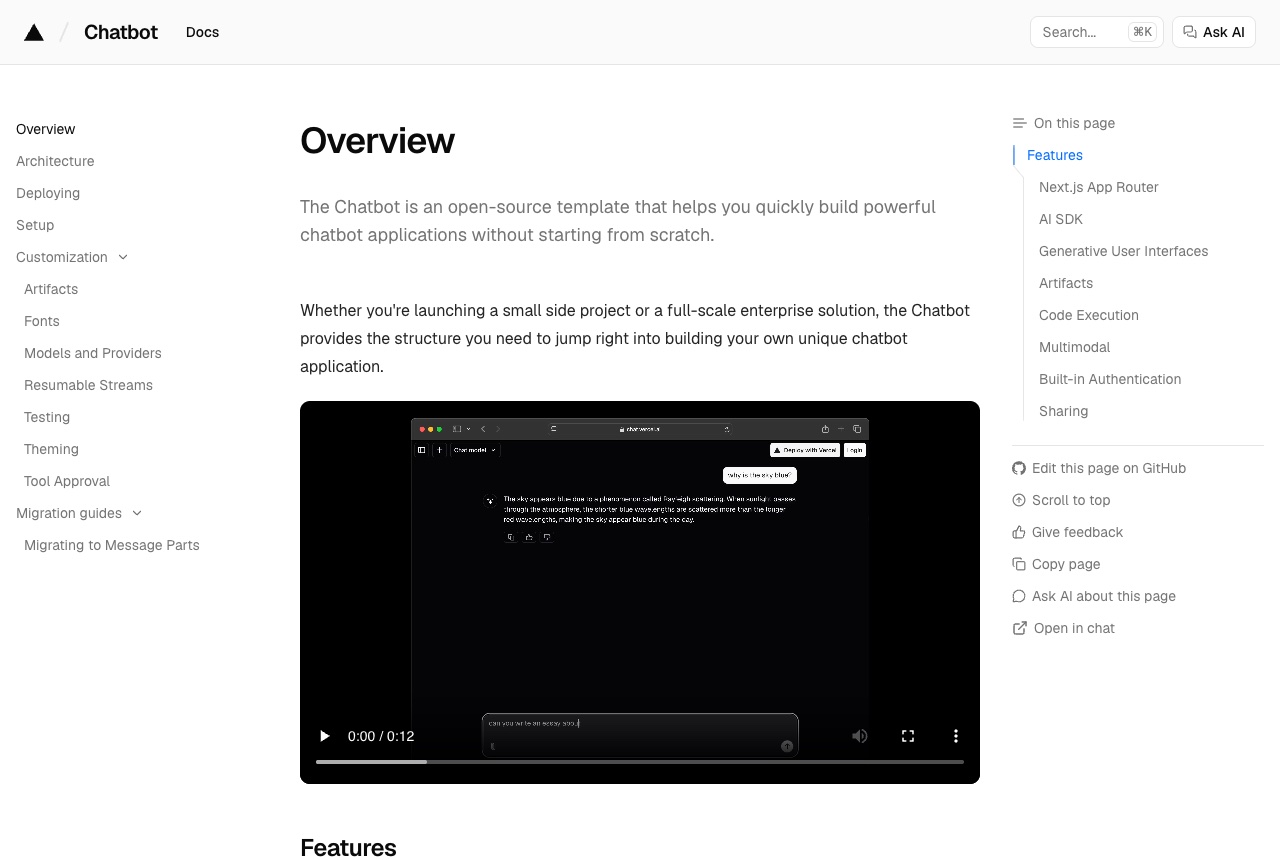 The Chatbot docs overview on chatbot.ai-sdk.dev, describing an open-source template for chatbot apps, with a demo video of the chat interface.