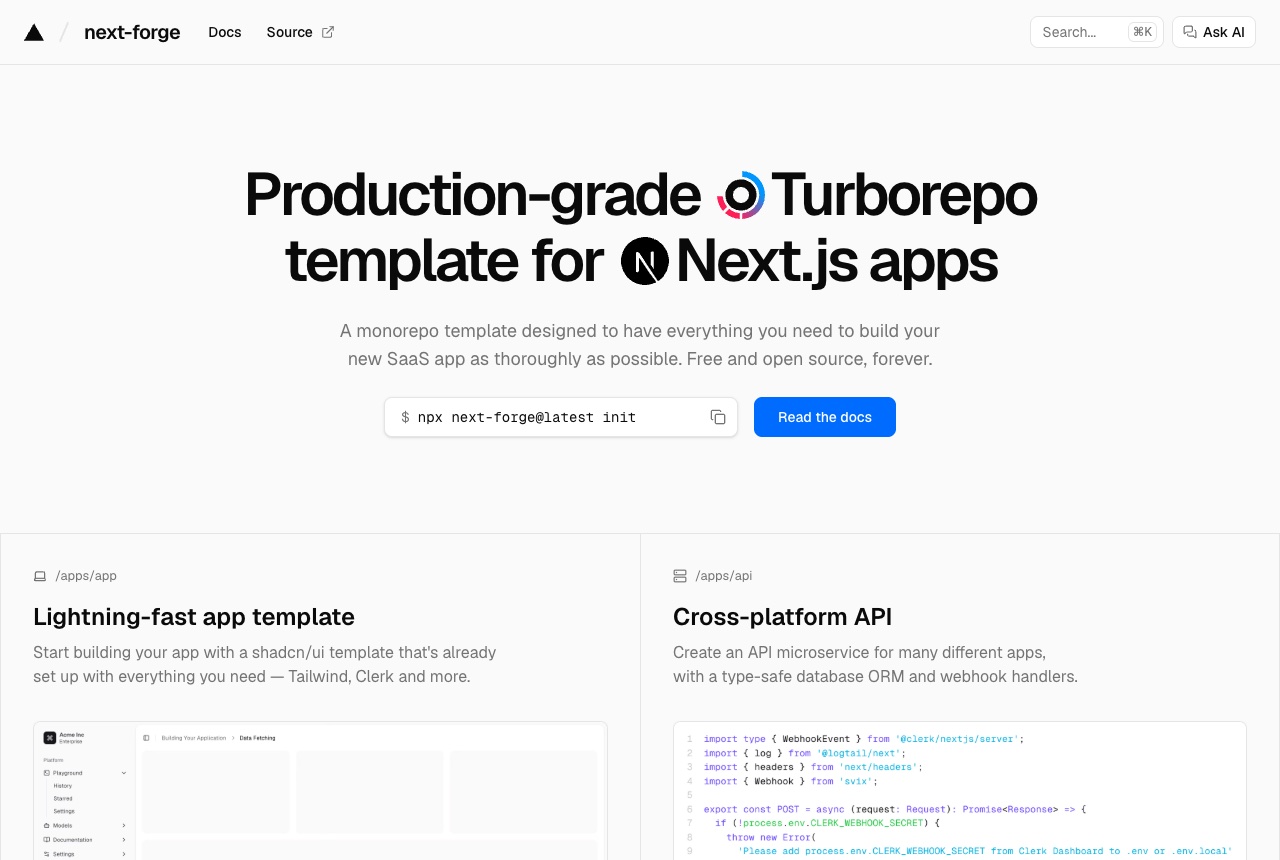 The next-forge homepage, headed Production-grade Turborepo template for Next.js apps, with the npx next-forge@latest init command.