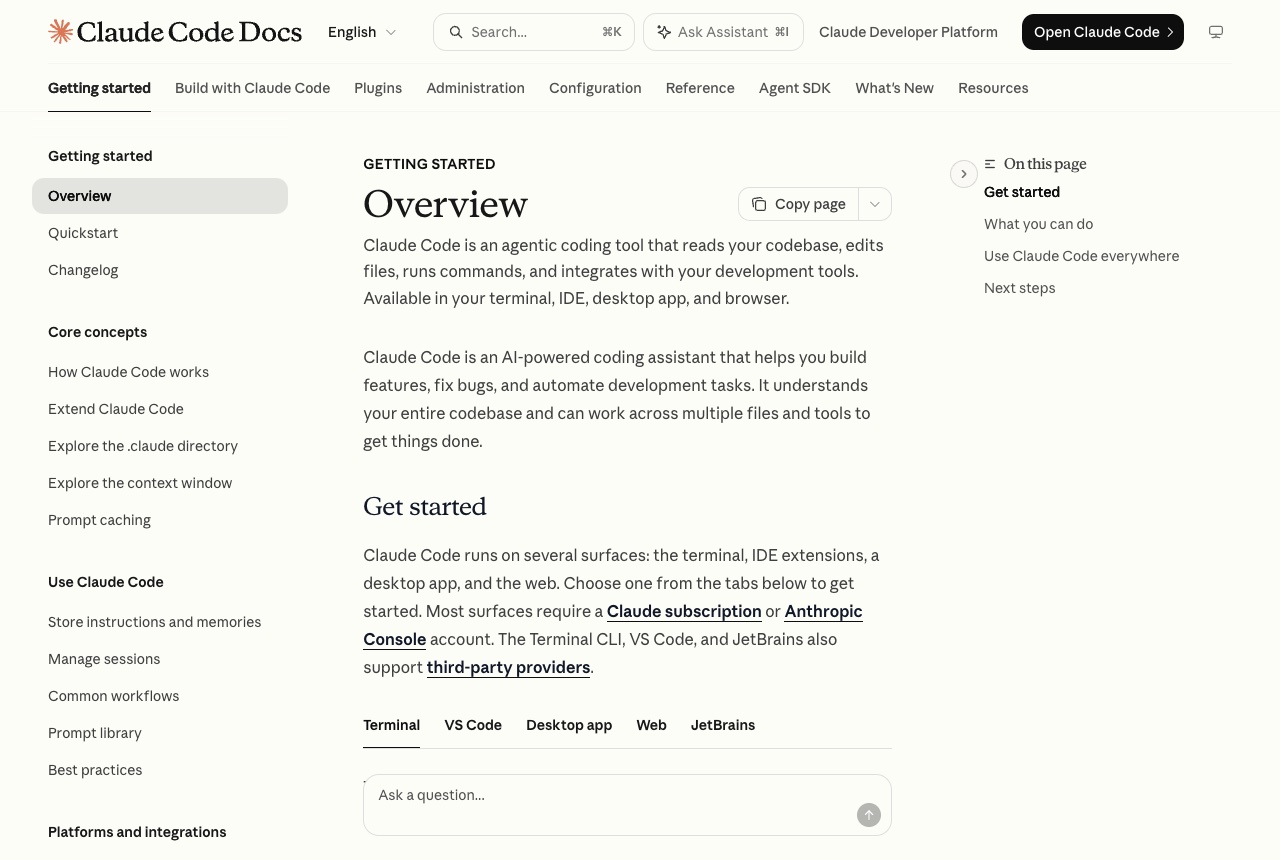 The Claude Code docs Overview page, describing an agentic coding tool that reads your codebase, edits files and runs commands.