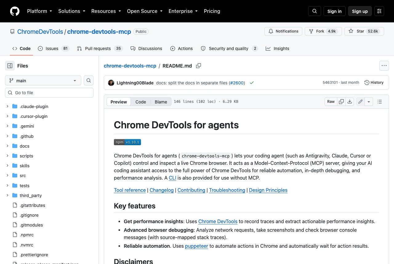 The Chrome DevTools for agents README on GitHub, showing its description and the Key features list for performance, debugging and automation.