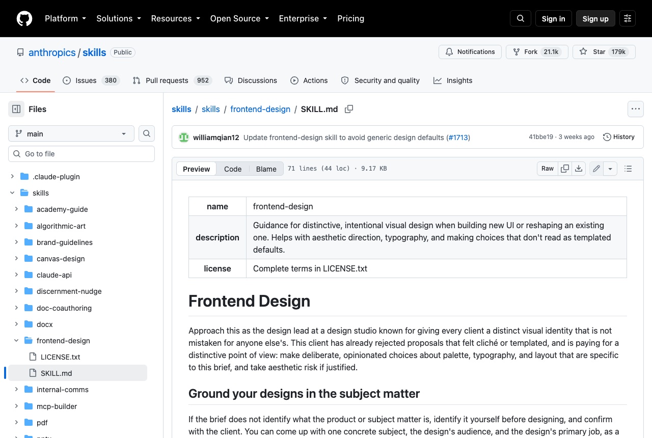The frontend-design SKILL.md in anthropics/skills on GitHub, showing its description and the opening section on distinctive visual design.