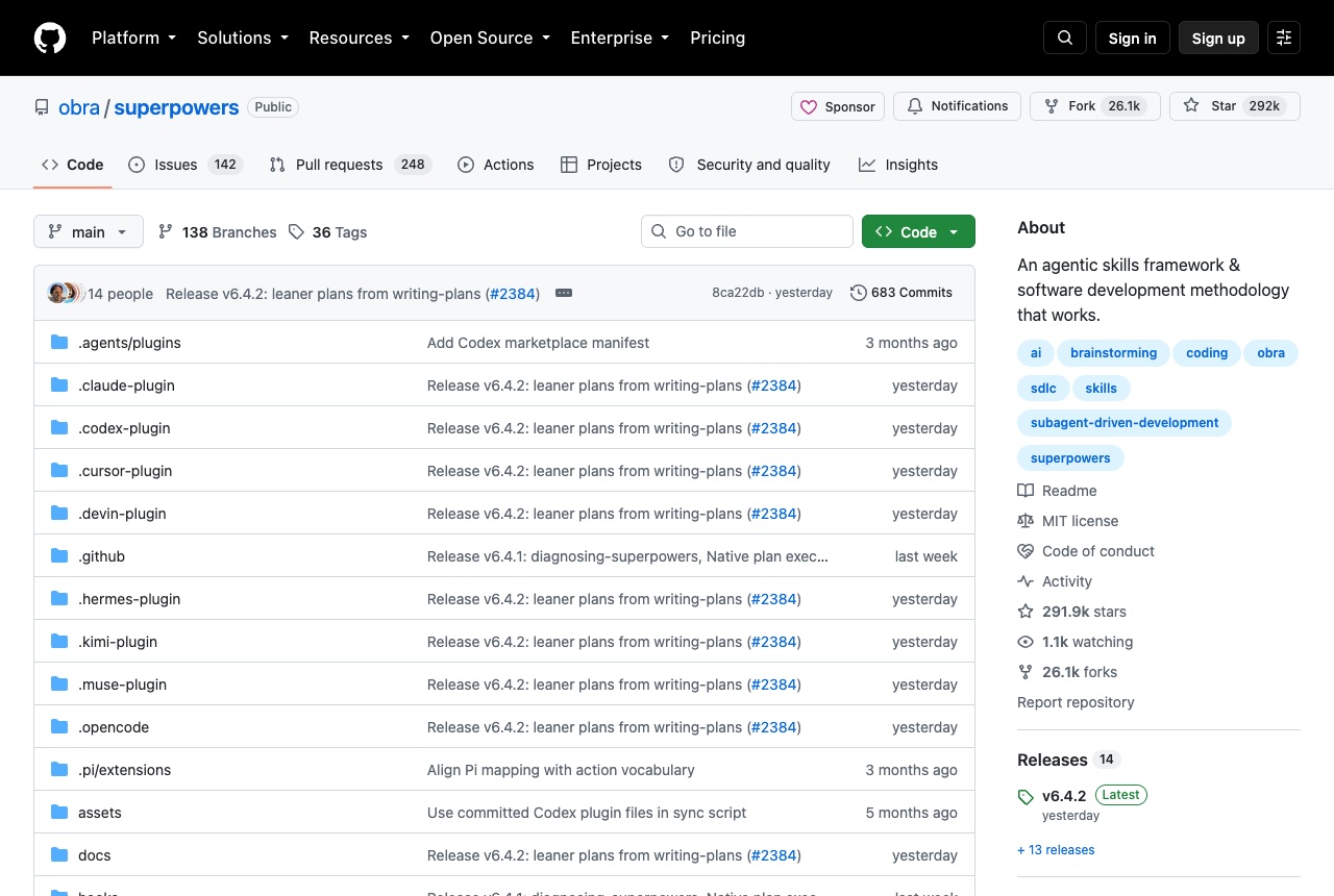 The obra/superpowers repository on GitHub, described as an agentic skills framework and software development methodology, with its plugin folders listed.