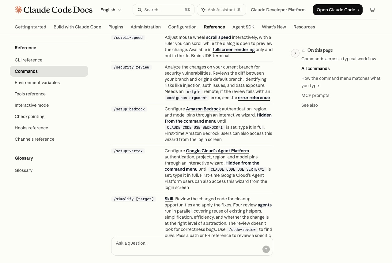 The Claude Code Docs commands reference, showing the /security-review row and its description of reviewing the branch diff for vulnerabilities.