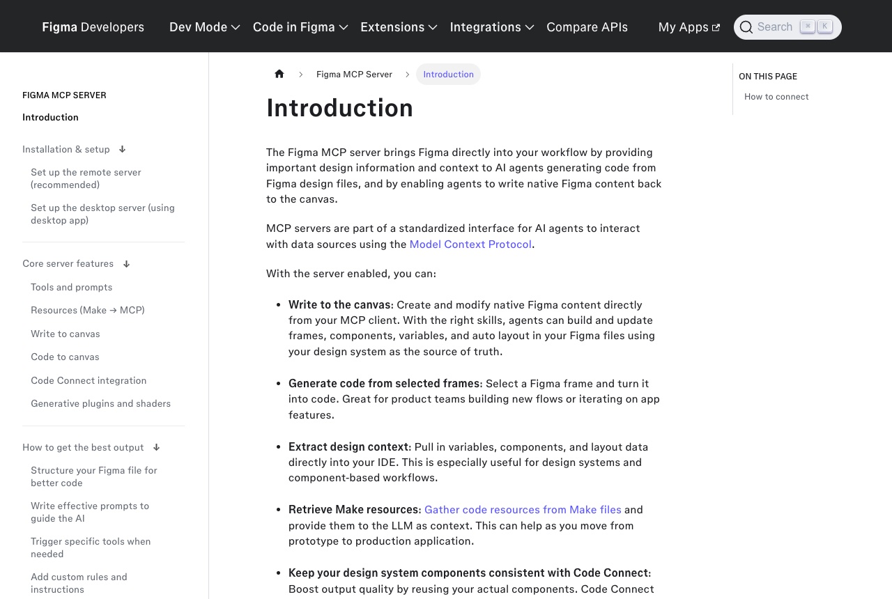Figma's developer docs introduction to the Figma MCP server, listing write to the canvas, generate code from frames and extract design context.