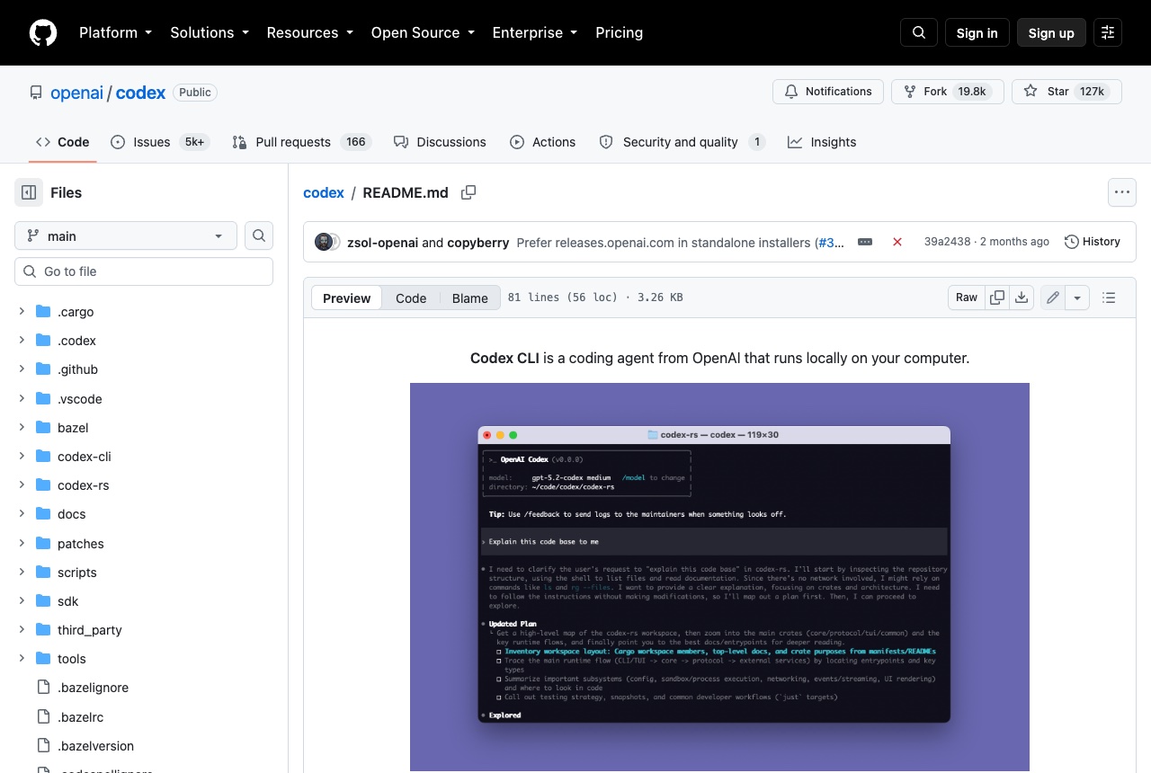The openai/codex README on GitHub, stating that Codex CLI is a coding agent from OpenAI that runs locally, above a terminal screenshot.